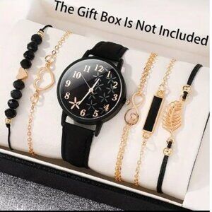 6pcs Fashion Quarrtz Watch Black Quartz Watch With Exquisite Bracelet Set Gift